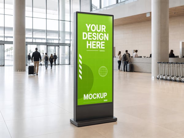TOTEM PUBLICITÁRIO MOCKUP NO SAGUÃO DE PASSAGENS VISTA FRONTAL