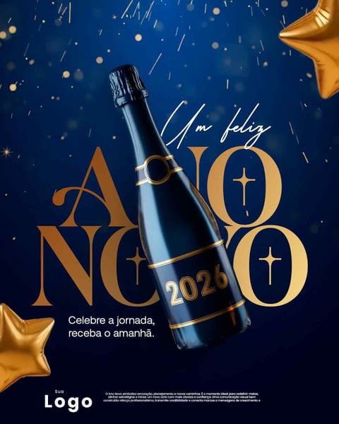 Feliz Ano Novo 2026: Celebração Dourada Com Champanhe Festivo Social Media PSD Editável