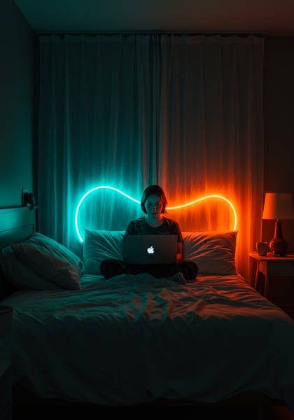 JOVEM MULHER COM LAPTOP NA CAMA LUZES NEON VIBRANTES NO QUARTO MODERNO
