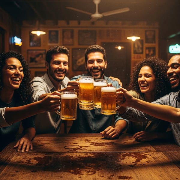 Grupo de amigos brindando com cerveja em bar animado