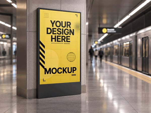 TELA DIGITAL MOCKUP NO METRO DISPLAY NA PAREDE