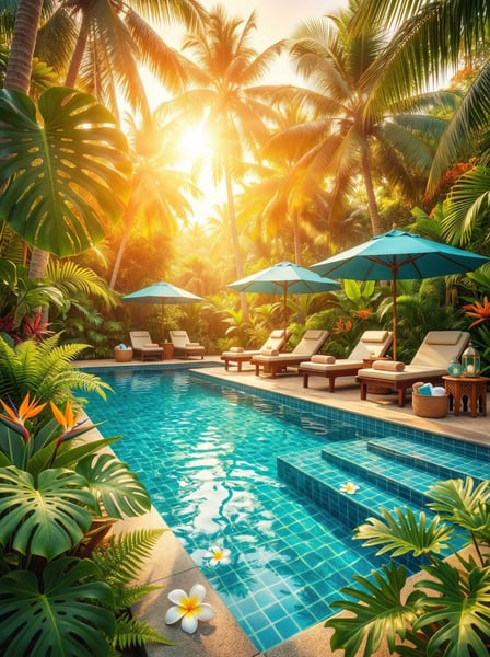 PISCINA EM RESORT TROPICAL COM ESPREGUIÇADEIRAS OMBRELONES AZUIS E VEGETAÇÃO EXÓTICA SOB A LUZ DO SOL 3