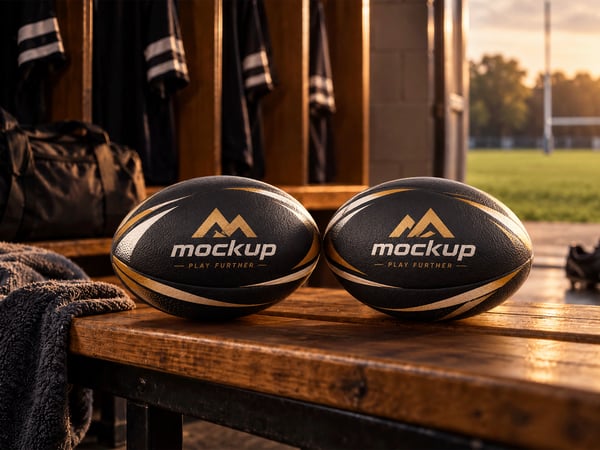 BOLAS DE RUGBY MOCKUP EM VESTIÁRIO SOBRE BANCO DE MADEIRA