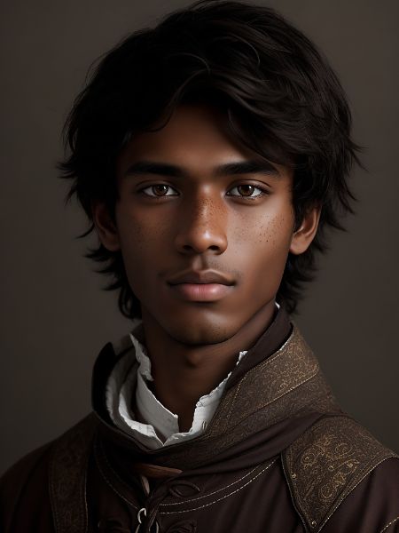 HOMEM DE 20 ANOS, PELE MORENA COM SARDAS, OLHOS CASTANHOS, CABELO PRETO CURTO E BAGUNÇADO, ROUPAS MEDIEVAIS.