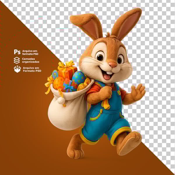 GOP COELHO DA PÁSCOA CORRENDO COM SACO DE PRESENTES NAS COSTAS ELEMENTO 3D PNG
