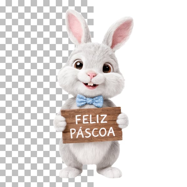 COELHO DA PÁSCOA COM PLACA ESCRITO FELIZ PÁSCOA EM PNG TRANSPARENTE