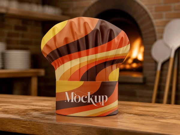 CHAPÉU DE CHEF MOCKUP EM PIZZARIA FORNO AO FUNDO