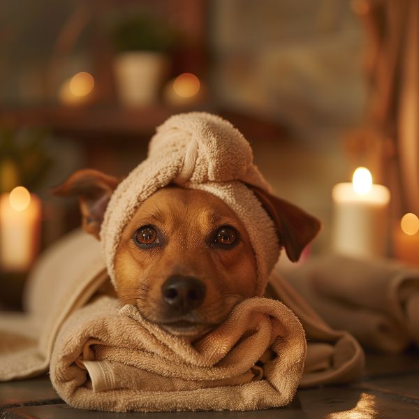 CACHORRO DEITADO COM UMA TOALHA NA CABEÇA RELAXANDO