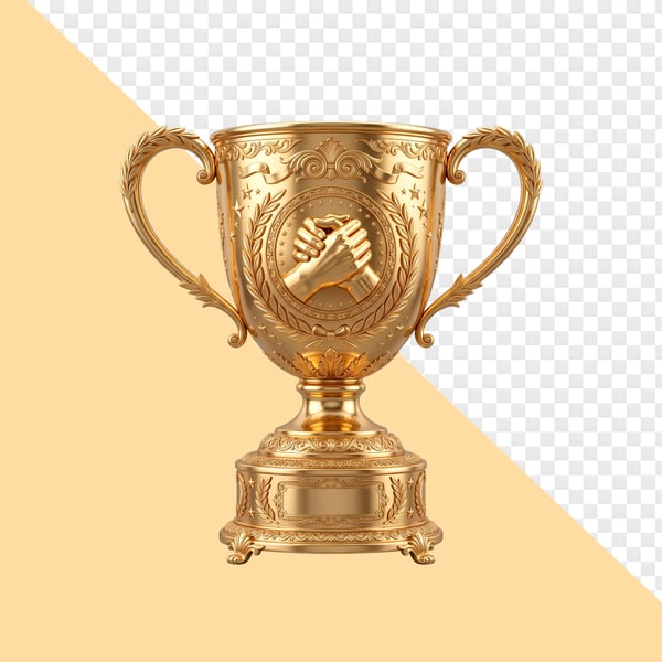TROFÉU DOURADO DETALHADO COM SÍMBOLO DE APERTO DE MÃOS EM DESTAQUE