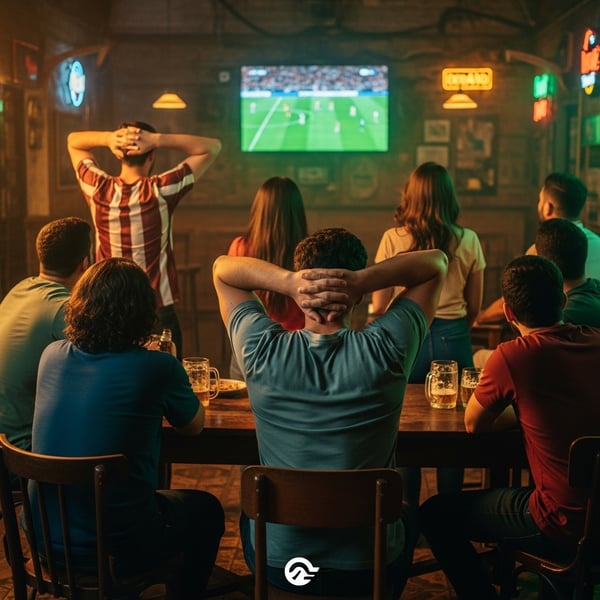 Grupo de pessoas assistindo futebol no bar com cerveja na mão