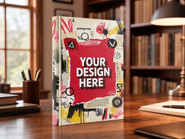 LIVRO DE CAPA DURA MOCKUP SOBRE MESA BIBLIOTECA AO FUNDO
