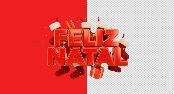 SELO 3D FELIZ NATAL EM 3D COM MEIAS DE NATAL E PRESENTES PNG TRANSPARENTE
