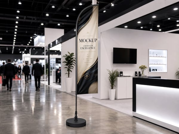 BANDEIRA GOTA MOCKUP EM FEIRA COMERCIAL ESTANDE AO FUNDO