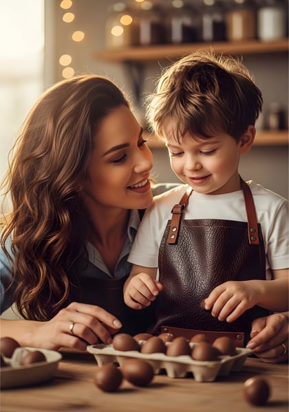 Mãe e filho na cozinha fazendo ovo de páscoa 04