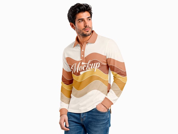 POLO MASCULINA MANGA LONGA MOCKUP EM ESTÚDIO MODELO EM TRÊS QUARTOS
