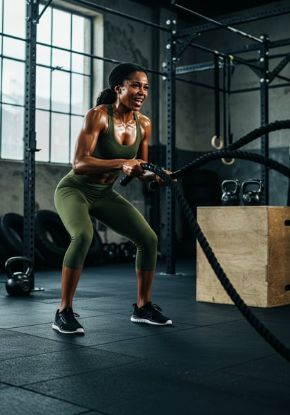 MULHER ATLÉTICA FAZENDO TREINO INTENSO DE CORDA NAVAL EM ACADEMIA DE CROSSFIT SUANDO E DEMONSTRANDO FORA E FOCO