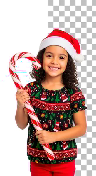 IMAGEM PARA COMPOSIÇÃO CRIANÇA MENINA COM ROUPA NATALINA SEGURANDO UMA BENGALA DECORATIVA DE NATAL PSD