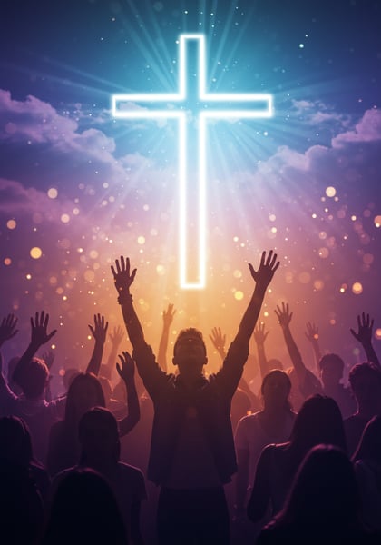 SHOW CULTO GOSPEL COM PESSOAS COM MÃOS LEVANTADAS E UMA CRUZ BRILHANTE 3