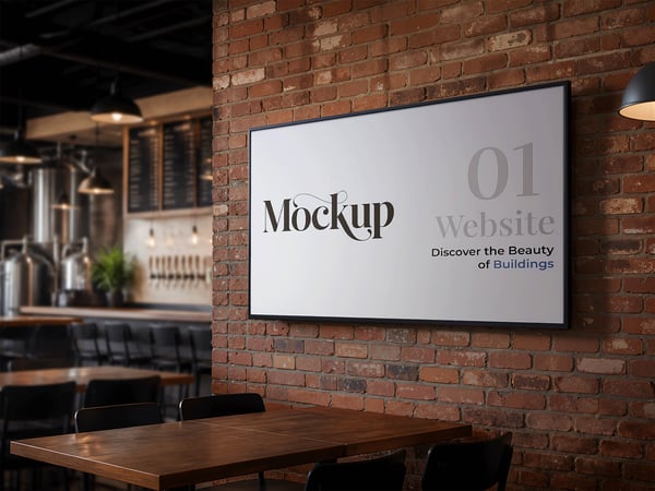 TELA DIGITAL MOCKUP EM BAR PAREDE DE TIJOLOS