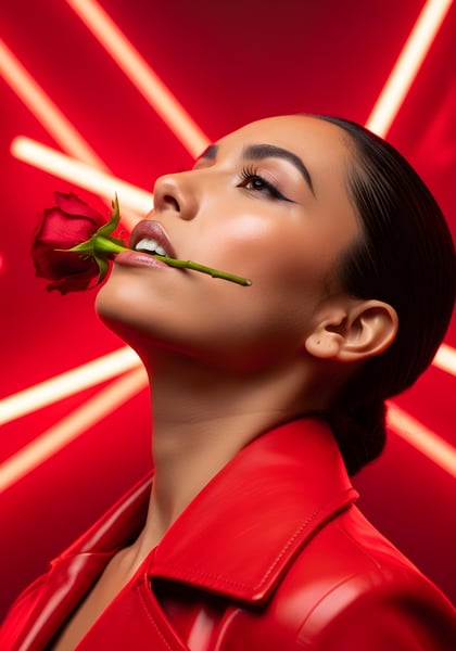 LINDA MULHER SEGURANDO UMA ROSA NA BOCA DIA DA MULHER 01