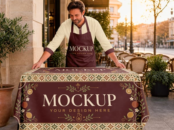 TOALHA DE MESA MOCKUP EM RESTAURANTE AO AR LIVRE GARÇOM AO FUNDO