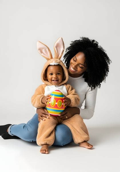 CRIANÇA NEGRA NO COLO DA MÃE NEGRA COM UMA FANTASIA DE COELHINHO DA PÁSCOA SENTADA SEGURANDO UM OVO DA PÁSCOA 03