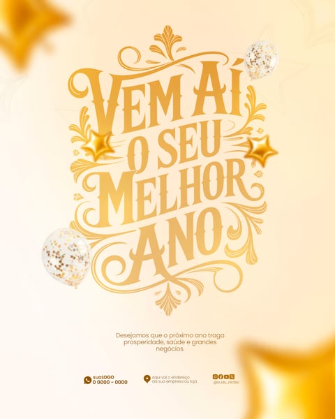 CARTAZ FELIZ ANO NOVO DOURADO LUXUOSO COM ESTRELAS E DECORAÇÃO FESTIVA
