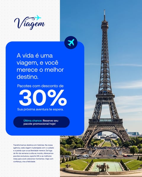 Paris, Torre Eiffel: Pacotes De Viagem Com 30% Desconto Promocional Social Media PSD Editável