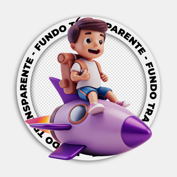 PERSONAGEM 3D | MENINO SENTADO EM UM FOGUETE | IMAGEM SEM FUNDO