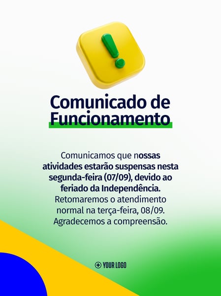 AVISO DE FUNCIONAMENTO 7 DE SETEMBRO SOCIAL MEDIA FLYER PSD EDITÁVEL