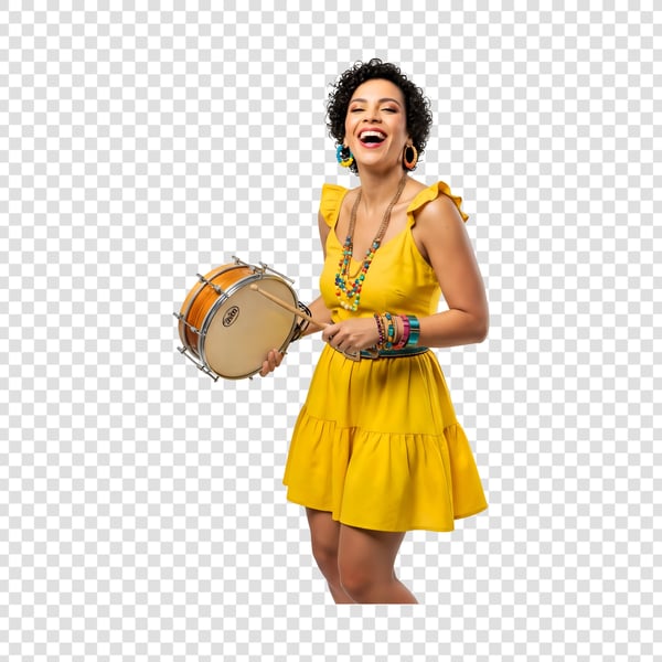 MULHER PAGODEIRA COM ROUPA VESTIDO AMARELA E TOCANDO TAMBORIM 2
