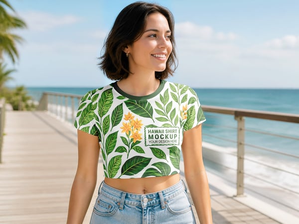 Top cropped mockup no calçadão modelo de frente