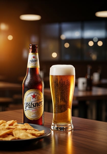 Garrafa de Pilsner com copo cheio e snacks