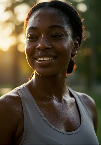 Mulher negra com roupas fitness sorri espontaneamente após treino ao ar livre, banhada pela luz dourada do pôr do sol, representando saúde e alegria.