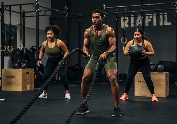 TREINO INTENSO EM ACADEMIA GRUPO DIVERSO SE EXERCITANDO COM CORDAS NAVAIS E BOLA MEDICINAL PARA FITNESS E FORA