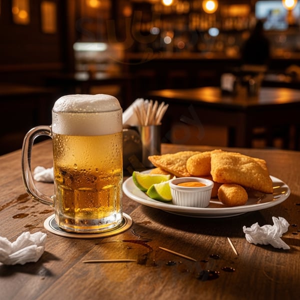 Caneca de cerveja com porção de pastel e limão no bar