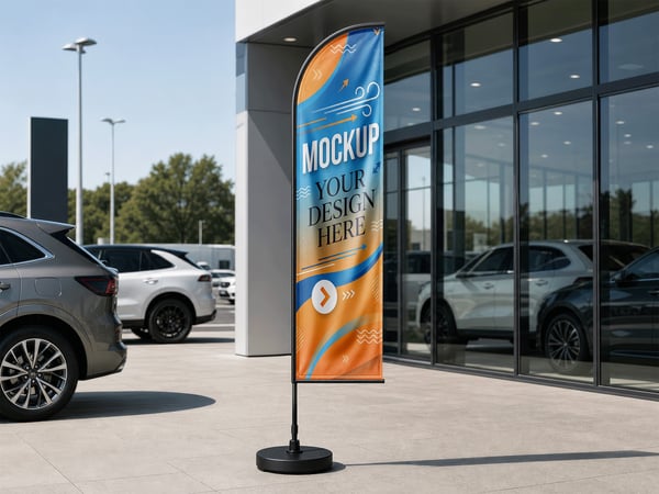 BANDEIRA GOTA MOCKUP EM FACHADA DE SHOWROOM ESTACIONAMENTO AO FUNDO