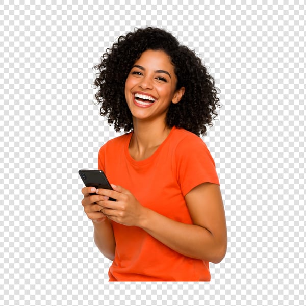 MULHER COM ROUPA LARANJA SEGURANDO UM CELULAR 01