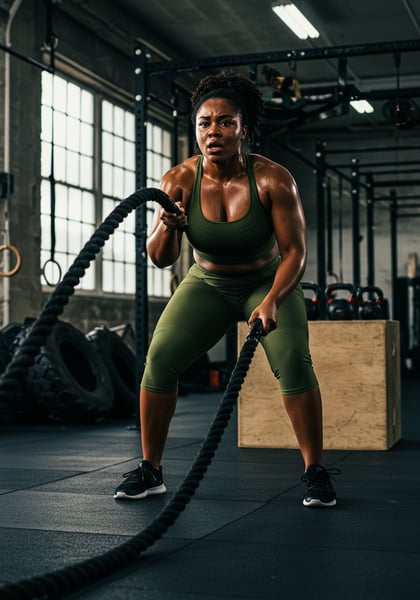 MULHER NEGRA FORTE FAZENDO TREINO INTENSO COM CORDA NAVAL NA ACADEMIA EXERCÍCIO DE FORA E FITNESS