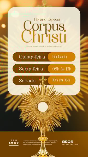HORÁRIO DE FUNCIONAMENTO CORPUS CHRISTI COMUNICADO DATA RELIGIOSA CRISTÃ SOCIAL MEDIA STORY 4
