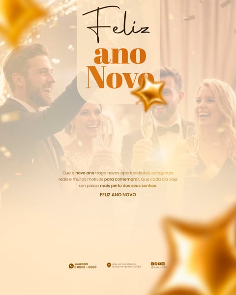 CARTAZ FELIZ ANO NOVO DOURADO FESTIVO COM FAMÍLIA SORRIDENTE E ESTRELAS