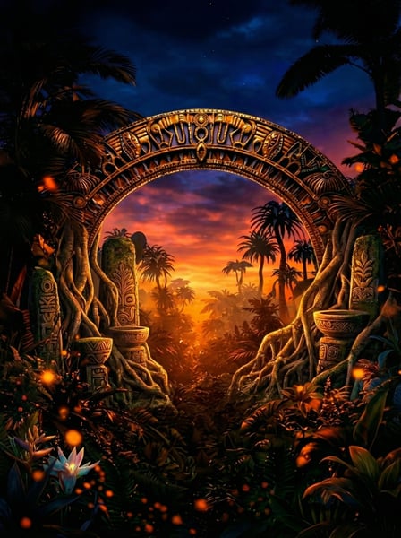 PORTAL ARQUEOLÓGICO ORNAMENTADO EM MEIO A UMA SELVA TROPICAL DENSA DURANTE O PÔR DO SOL