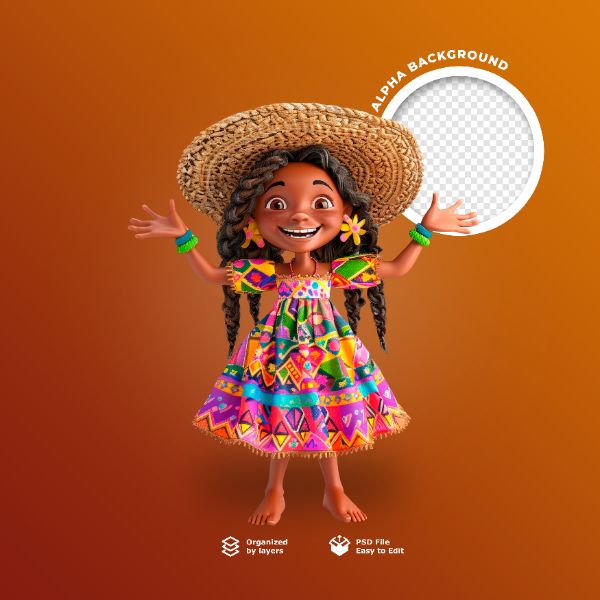 UMA BONECA 3D COM CHAPÉU DE PALHA PARA FESTA JUNINA