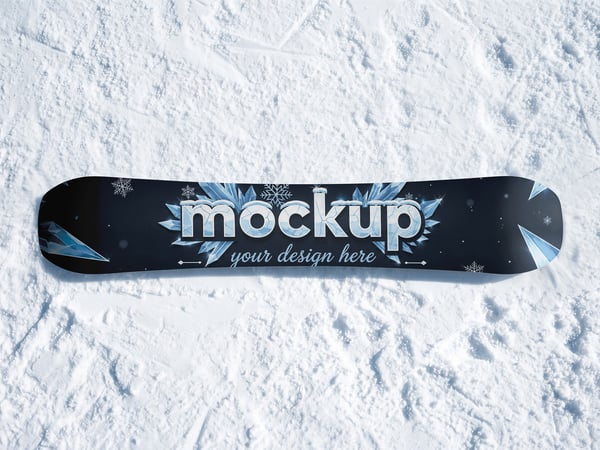 PRANCHA DE SNOWBOARD MOCKUP SOBRE NEVE VISTA SUPERIOR