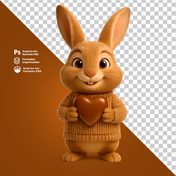 ENA COELHO DA PÁSCOA CLÁSSICO SEGURANDO CORAÇÃO DE CHOCOLATE COMPOSIÇÃO 3D