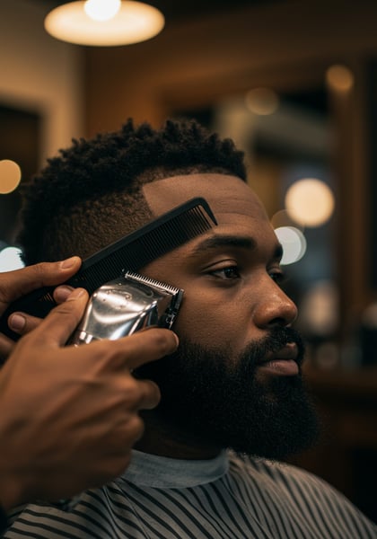 BARBEIRO NEGRO APARANDO A BARBA DE UM HOMEM VISTO DE FRENTE