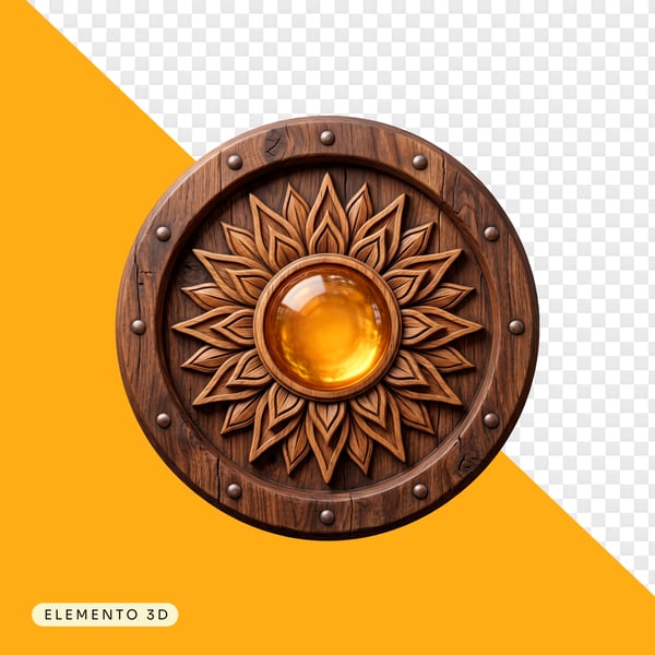 ELEMENTO 3D ESCUDO RÚSTICO MADEIRA GEMA ÂMBAR PNG FUNDO TRANSPARENTE