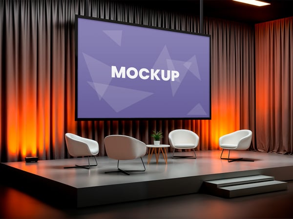 TELA NO PALCO MOCKUP CONFERÊNCIA REUNIÃO PALESTRA APRESENTAÇÃO SERVIÇO TRABALHO PSD