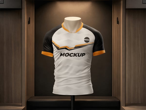 Camisa de RUGBY MOCKUP EM VESTIÁRIO MANEQUIM DE FRENTE