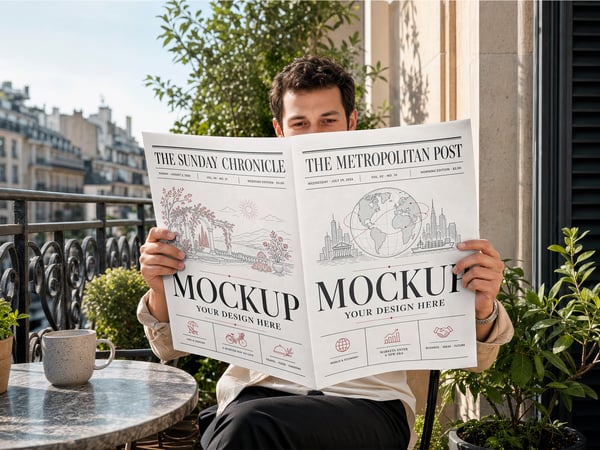 JORNAL MOCKUP NA VARANDA PESSOA SEGURANDO